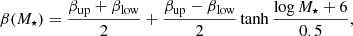 $$ \begin{aligned} \beta ({M}_\star ) = \frac{\beta _\mathrm{up} +\beta _\mathrm{low} }{2} + \frac{\beta _\mathrm{up} -\beta _\mathrm{low} }{2} \tanh { \frac{\log {{M}_\star }+6}{0.5} } , \end{aligned} $$