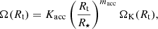 $$ \begin{aligned} \Omega (R_\mathrm{t} ) = K_\mathrm{acc} \left( \frac{R_\mathrm{t} }{R_\star } \right)^{m_\mathrm{acc} } \Omega _\mathrm{K} (R_\mathrm{t} ) , \end{aligned} $$