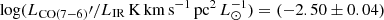 $ \log(L_\mathrm{CO(7{-}6)}\prime/L_{\mathrm{IR}}\,\mathrm{K\,km\,s^{-1}\,pc^2}\,L_{\odot}^{-1}) = (-2.50 \pm 0.04) $