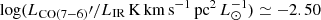 $ \log(L_{\mathrm{CO(7-6)}}\prime/L_{\mathrm{IR}}\,\mathrm{K\,km\,s^{-1}\,pc^2\,}L_{\odot}^{-1}) \simeq -2.50 $