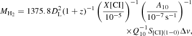 $$ \begin{aligned} M_{\rm H_2} = 1375.8 D_{\rm L}^2 (1+z)^{-1} \left(\frac{X[\mathrm{CI}]}{10^{-5}}\right)^{-1}\left(\frac{A_{10}}{10^{-7}\,\mathrm{s^{-1}}}\right)^{-1} \nonumber \\ \times Q_{10}^{-1}S_{\rm [CI](1{-}0)}\Delta v, \end{aligned} $$