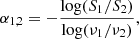 $$ \begin{aligned} \alpha _{1,2} = - \frac{\log (S_{1}/S_{2})}{\log (\nu _{1}/\nu _{2})}, \end{aligned} $$