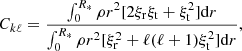 $$ \begin{aligned} C_{k\ell }= \frac{\int ^{R_*}_0{\rho r^2 [2 \xi _{\rm r} \xi _{\rm t} + \xi ^2_{\rm t}] \mathrm{d}r}}{\int ^{R_*}_0{\rho r^2 [\xi ^2_{\rm r} + \ell (\ell + 1) \xi ^2_{\rm t}] \mathrm{d}r}}, \end{aligned} $$