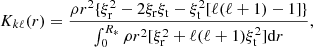 $$ \begin{aligned} K_{k\ell }(r)= \frac{\rho r^2 \{\xi _{\rm r}^2 -2\xi _{\rm r}\xi _{\rm t} - \xi ^2_{\rm t}[\ell (\ell + 1)-1]\}}{\int ^{R_*}_0{\rho r^2 [\xi ^2_{\rm r} + \ell (\ell + 1) \xi ^2_{\rm t}] \mathrm{d}r}}, \end{aligned} $$