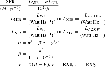 $$ \begin{aligned} \frac{\mathrm{SFR}}{(M_\odot \mathrm{yr}^{-1})}&= \frac{L_{\rm MIR} - \alpha L_{\rm NIR}}{10^{21} \beta }\nonumber \\ L_{\rm MIR}&= \frac{L_{\rm W3}}{\mathrm{(Watt~Hz^{-1})}},~\mathrm{or}~L_{\rm MIR} = \frac{L_{F2100W}}{(\mathrm{Watt~Hz^{-1}})}\nonumber \\ L_{\rm NIR}&= \frac{L_{\rm W1}}{(\mathrm{Watt~Hz^{-1}})},~\mathrm{or}~L_{\rm NIR} =\frac{L_{F200W}}{\mathrm{(Watt~Hz^{-1})}}\\ \alpha&= \alpha^\prime + \beta^\prime e + \gamma^\prime e^2\nonumber \\ \beta&= \frac{\delta^\prime }{1 + \epsilon^\prime 10^{-\zeta^\prime e}}\nonumber \\ e&= E(B-V),~ e = \mathrm{IRXu},~ e = \mathrm{IRXg}\nonumber . \end{aligned} $$