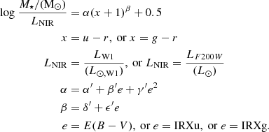 $$ \begin{aligned} \mathrm{log}~\frac{M_\star /{(\mathrm M_\odot )}}{L_{\rm NIR}}&= \alpha (x + 1)^{\beta } + 0.5\nonumber \\ x&= u-r, ~\mathrm{or}~ x = g-r \nonumber \\ L_{\rm NIR}&= \frac{L_{\rm W1}}{(L_{\rm \odot , W1})}, ~\mathrm{or}~ L_{\rm NIR} = \frac{L_{F200W}}{(L_{\odot })}\nonumber \\ \alpha&= \alpha^\prime + \beta^\prime e + \gamma^\prime e^2\nonumber \\ \beta&= \delta^\prime + \epsilon^\prime e\nonumber \\ e&= E(B-V), ~\mathrm{or}~ e = \mathrm{IRXu}, ~\mathrm{or}~ e = \mathrm{IRXg}. \end{aligned} $$