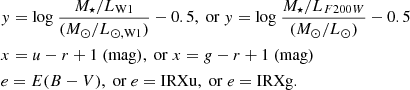 $$ \begin{aligned}&{ y} = \mathrm{log}~\frac{M_\star /L_{\rm W1}}{(M_\odot /L_{\odot , \mathrm{W1}})} - 0.5, ~\mathrm{or}~ { y} =\mathrm{log}~\frac{M_\star /L_{F200W}}{(M_\odot /L_{\odot })} - 0.5\\&x = u-r+1~(\mathrm{mag}), ~\mathrm{or}~ x = g-r+1~(\mathrm{mag})\\&e = E(B-V), ~\mathrm{or}~ e = \mathrm{IRXu}, ~\mathrm{or}~ e = \mathrm{IRXg}. \end{aligned} $$