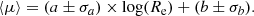 $$ \begin{aligned} \langle \mu \rangle =(a\pm \sigma _a)\times \log (R_{\rm e}) + (b\pm \sigma _b). \end{aligned} $$