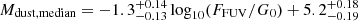 $ M_{\mathrm{dust,median}} = -1.3^{+0.14}_{-0.13} \log_{10}(F_{\mathrm{FUV}}/G_0) + 5.2^{+0.18}_{-0.19} $