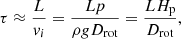 $$ \begin{aligned} \tau \approx \frac{L}{{ v}_{i}}=\frac{L p}{\rho g D_{\mathrm{rot} }}=\frac{L H_{\mathrm{p} }}{D_{\mathrm{rot} }} ,\end{aligned} $$