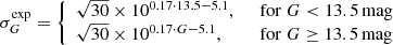 $$ \begin{aligned}&\sigma ^\mathrm{exp}_G = {\left\{ \begin{array}{ll} \sqrt{30}\times 10^{0.17\cdot 13.5{-}5.1},&\ \ \mathrm{for} \ G <13.5\,\mathrm{mag} \\ \sqrt{30}\times 10^{0.17\cdot G-5.1},&\ \ \mathrm{for} \ G\ge 13.5\,\mathrm{mag} \\ \end{array}\right.} \end{aligned} $$