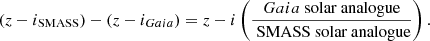 $$ \begin{aligned} (z-i_{\rm SMASS}) - (z-i_{Gaia}) = z-i\left( \frac{Gaia \text{ solar} \text{ analogue}}{\text{ SMASS} \text{ solar} \text{ analogue}} \right). \end{aligned} $$