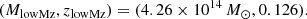 $$ \begin{aligned} (M_{\rm lowMz}, z_{\rm lowMz}) = (4.26 \times 10^{14}\, M_\odot , 0.126). \end{aligned} $$