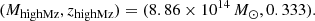 $$ \begin{aligned} (M_{\rm highMz}, z_{\rm highMz}) = (8.86 \times 10^{14} \,M_\odot , 0.333). \end{aligned} $$