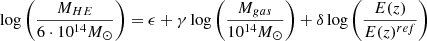 $$ \begin{aligned} \log \left(\frac{M_{HE}}{6\cdot 10^{14}M_\odot }\right) = \epsilon + \gamma \log \left(\frac{M_{gas}}{10^{14}M_\odot }\right) + \delta \log \left(\frac{E(z)}{E(z)^{ref}}\right) \end{aligned} $$