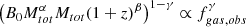 $$ \begin{aligned} \left(B_0 M_{tot}^\alpha M_{tot} (1+z)^\beta \right)^{1-\gamma } \propto f_{gas,obs}^\gamma \end{aligned} $$