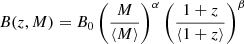 $$ \begin{aligned} B(z, M) = B_0 \left( \frac{M}{\left< M \right>}\right)^\alpha \left( \frac{1+z}{\left< 1+z \right>}\right)^\beta \end{aligned} $$