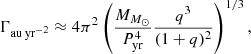 $$ \begin{aligned} \Gamma _{\rm au\,yr^{-2} } \approx 4 \pi ^2 \left( \frac{{{M}_{M_\odot }}}{P_\mathrm{yr} ^4} \frac{q^3}{(1+q)^2}\right)^{1/3} , \end{aligned} $$