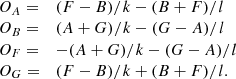 $$ \begin{aligned} \begin{array}{ll} O_A =&(F-B)/k - (B+F)/l \\ O_B =&(A+G)/k - (G-A)/l \\ O_F =&-(A+G)/k - (G-A)/l \\ O_G =&(F-B)/k + (B+F)/l. \end{array} \end{aligned} $$