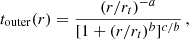 $$ \begin{aligned} t_{\rm outer}(r)=\frac{({r}/{r_{t}})^{-a}}{[1+({r}/{r_{t}})^{b}]^{c/b}} \, , \end{aligned} $$