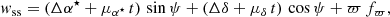 $$ \begin{aligned} { w}_\mathrm{ss} = ( \Delta \alpha ^{\star } + \mu _{\alpha ^\star } \, t ) \, \sin \psi + ( \Delta \delta + \mu _\delta \, t ) \, \cos \psi + \varpi \, f_\varpi , \end{aligned} $$