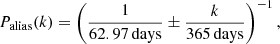 $$ \begin{aligned} P_{\rm alias}(k) = \left(\frac{1}{62.97\,\mathrm{days}}\pm \frac{k}{365\,\mathrm{days}}\right)^{-1} , \end{aligned} $$