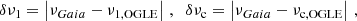 $$ \begin{aligned} \delta \nu _1 = \left|\nu _{{Gaia}}-\nu _{\rm 1,OGLE}\right| \,,\;\; \delta \nu _{\rm c} = \left|\nu _{{Gaia}}-\nu _{\rm c,OGLE}\right| \,, \end{aligned} $$