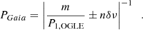 $$ \begin{aligned} P_{Gaia} = \left|\frac{m}{P_{\rm 1,OGLE}}\pm n\delta \nu \right|^{-1} \;\;. \end{aligned} $$