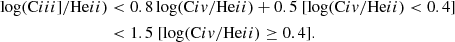 $$ \begin{aligned} \begin{split} \log (\mathrm{C}iii ]/\mathrm{He}ii )&< 0.8 \log (\mathrm{C}iv /\mathrm{He}ii ) + 0.5 \ [\log (\mathrm{C}iv /\mathrm{He}ii ) < 0.4]\\&< 1.5 \ [\log (\mathrm{C}iv /\mathrm{He}ii )\ge 0.4].\end{split} \end{aligned} $$