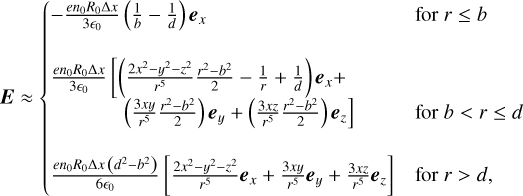 ${\bf{E}} \approx \left\{ {\matrix{ { - {{e{n_0}{R_0}{\rm{\Delta }}x} \over {3{_0}}}\left( {{1 \over b} - {1 \over d}} \right){{\bf{e}}_x}} \hfill &amp; {{\rm{for}}\,r \le b} \hfill \cr {\matrix{ {{{e{n_0}{R_0}{\rm{\Delta }}x} \over {3{_0}}}\left[ {\left( {{{2{x^2} - {y^2} - {z^2}} \over {{r^5}}}{{{r^2} - {b^2}} \over 2} - {1 \over r} + {1 \over d}} \right){{\bf{e}}_x}} \right. + } \cr {\left. {\quad \quad \quad \quad \left( {{{3xy} \over {{r^5}}}{{{r^2} - {b^2}} \over 2}} \right){{\bf{e}}_y} + \left( {{{3xz} \over {{r^5}}}{{{r^2} - {b^2}} \over 2}} \right){{\bf{e}}_z}} \right]} \cr } } \hfill &amp; {{\rm{for}}\,b &lt; r \le d} \hfill \cr {{{e{n_0}{R_0}{\rm{\Delta }}x\left( {{d^2} - {b^2}} \right)} \over {6{_0}}}\left[ {{{2{x^2} - {y^2} - {z^2}} \over {{r^5}}}{{\bf{e}}_x} + {{3xy} \over {{r^5}}}{{\bf{e}}_y} + {{3xz} \over {{r^5}}}{{\bf{e}}_z}} \right]} \hfill &amp; {{\rm{for}}\,r > d,} \hfill \cr } } \right.$