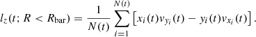 $$ \begin{aligned} l_z (t; R < R_{\rm bar}) = \frac{1}{N(t)}\sum _{i=1}^{N(t)} \left[x_i(t) v_{{ y}_i}(t)- { y}_i(t) v_{x_i}(t)\right]. \end{aligned} $$