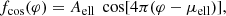 $$ \begin{aligned} f_\mathrm{cos} (\varphi ) = A_\mathrm{ell} \; \cos [4\pi (\varphi -\mu _\mathrm{ell} )], \end{aligned} $$