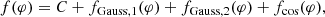 $$ \begin{aligned} f(\varphi ) = C + f_{\mathrm{Gauss} ,1}(\varphi ) + f_{\mathrm{Gauss} ,2}(\varphi ) + f_\mathrm{cos} (\varphi ), \end{aligned} $$