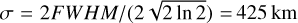 ${{\sigma = 2FWHM} \mathord{\left/ {\vphantom {{\sigma = 2FWHM} {\left( {2\sqrt {2\,\ln 2} } \right) = 42.5\,{\rm{km}}}}} \right. \kern-\nulldelimiterspace} {\left( {2\sqrt {2\,\ln 2} } \right) = 42.5\,{\rm{km}}}}$