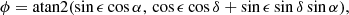 $$ \begin{aligned} \phi = \mathrm{atan2}(\sin \epsilon \cos \alpha ,\,\cos \epsilon \cos \delta +\sin \epsilon \sin \delta \sin \alpha ), \end{aligned} $$