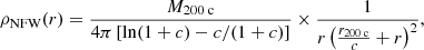$$ \begin{aligned} \rho _\text{NFW}(r) = \frac{M_{200\text{ c}}}{4\pi \left[\ln (1+c) - c/(1+c)\right]}\times \frac{1}{r\left(\frac{r_{200\text{ c}}}{c}+r\right)^2}, \end{aligned} $$