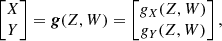 $$ \begin{aligned} \left[\begin{matrix} X \\ Y \end{matrix}\right] = \boldsymbol{g}(Z,W) = \left[\begin{matrix} g_X(Z,W) \\ g_Y(Z,W) \end{matrix}\right] ,\end{aligned} $$