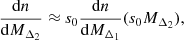 $$ \begin{aligned} \frac{\mathrm{d} n}{\mathrm{d} M_{\Delta _2}}\approx s_0 \frac{\mathrm{d} n}{\mathrm{d} M_{\Delta _1}}(s_0 M_{\Delta _2}), \end{aligned} $$