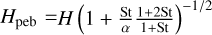 ${H_{{\rm{peb}}}} = H{\left( {1 + {{{\rm{St}}} \over \alpha }{{1 + 2{\rm{St}}} \over {1 + {\rm{St}}}}} \right)^{{{ - 1} \mathord{\left/ {\vphantom {{ - 1} 2}} \right. \kern-\nulldelimiterspace} 2}}}$