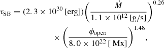 $$ \begin{aligned}&\tau _{\rm SB} =(2.3\times 10^{30}\,[\mathrm{erg}])\bigg (\frac{\dot{M}}{1.1\times 10^{12}\,[{\mathrm{g}/\mathrm{s}}]}\bigg )^{0.26} \nonumber \\&\qquad \qquad \qquad \qquad \times \bigg (\frac{\phi _{\rm open}}{8.0\times 10^{22}\,[\text{ Mx}]}\bigg )^{1.48}, \end{aligned} $$