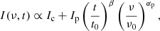 $$ \begin{aligned} I(\nu , t) \propto I_{\rm c}+I_{\rm p}\left(\frac{t}{t_0}\right)^\beta \left(\frac{\nu }{\nu _0}\right)^{\alpha _{\rm p}}, \end{aligned} $$