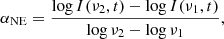 $$ \begin{aligned} \alpha _{\rm NE} = \frac{\log {I(\nu _2,t)}-\log {I(\nu _1,t)}}{\log {\nu _2}-\log {\nu _1}}, \end{aligned} $$
