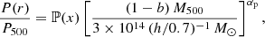$$ \begin{aligned} \frac{P(r)}{P_{500}} = \mathbb{P} (x) \left[ \frac{ (1-b) \, M_{500}}{3 \times 10^{14} \, (h/0.7)^{-1}\,{M}_{\odot }} \right]^{\alpha _{\rm p}}, \end{aligned} $$