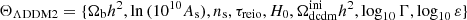$$ \begin{aligned} \Theta _{\rm \Lambda DDM2} = \{\Omega _{\rm b}h^2, \ln { (10^{10} A_{\rm s}) }, n_{\rm s}, \tau _{\rm reio}, H_0, \Omega _{\rm dcdm}^\mathrm{ini}h^2, \log _{10} \Gamma , \log _{10} \varepsilon \} \end{aligned} $$