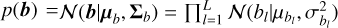 $p\left( {\bf{b}} \right) = {\cal N}\left( {{\bf{b}}|{{\bf{\mu }}_b},{{\rm{\Sigma }}_b}} \right) = \prod _{l = 1}^L{\cal N}\left( {{b_l}|{\mu _{{b_l}}},\sigma _{{b_l}}^2} \right)$