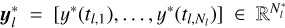 ${\bf{y}}_l^* = \left[ {{y^*}\left( {{t_{l,1}}} \right), \ldots ,{y^*}\left( {{t_{l,{N_l}}}} \right)} \right]\,\, \in \,\,{^{N_l^*}}$