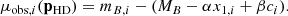 $$ \begin{aligned} \mu _{\mathrm{obs}, i}(\mathbf p _{\rm HD}) = m_{B, i} - (M_B - \alpha x_{1, i} + \beta c_i). \end{aligned} $$