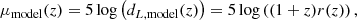 $$ \begin{aligned} \mu _\mathrm{model} (z) = 5\log \left(d_{L, \mathrm{model} }(z)\right) = 5 \log \left((1 + z) r(z)\right), \end{aligned} $$