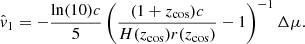 $$ \begin{aligned} \hat{v}_1 = - \frac{\ln (10) c}{5} \left(\frac{(1 + z_{\rm cos})c}{H(z_{\rm cos}) r(z_{\rm cos})} - 1 \right)^{-1} \Delta \mu . \end{aligned} $$