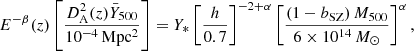 $$ \begin{aligned} E^{-\beta }(z)\left[\frac{D_{\rm A}^2(z) \bar{Y}_{500}}{\mathrm{10^{-4}\,Mpc^2}}\right] = Y_* \left[ {h \over 0.7} \right]^{-2+\alpha } \left[\frac{(1-b_{\rm SZ})\, M_{500}}{6\times 10^{14}\,{M}_\odot }\right]^{\alpha }, \end{aligned} $$